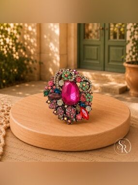 NEW Large Mid-Century Revival Multicolor Crystal Statement Brooch 2.5”